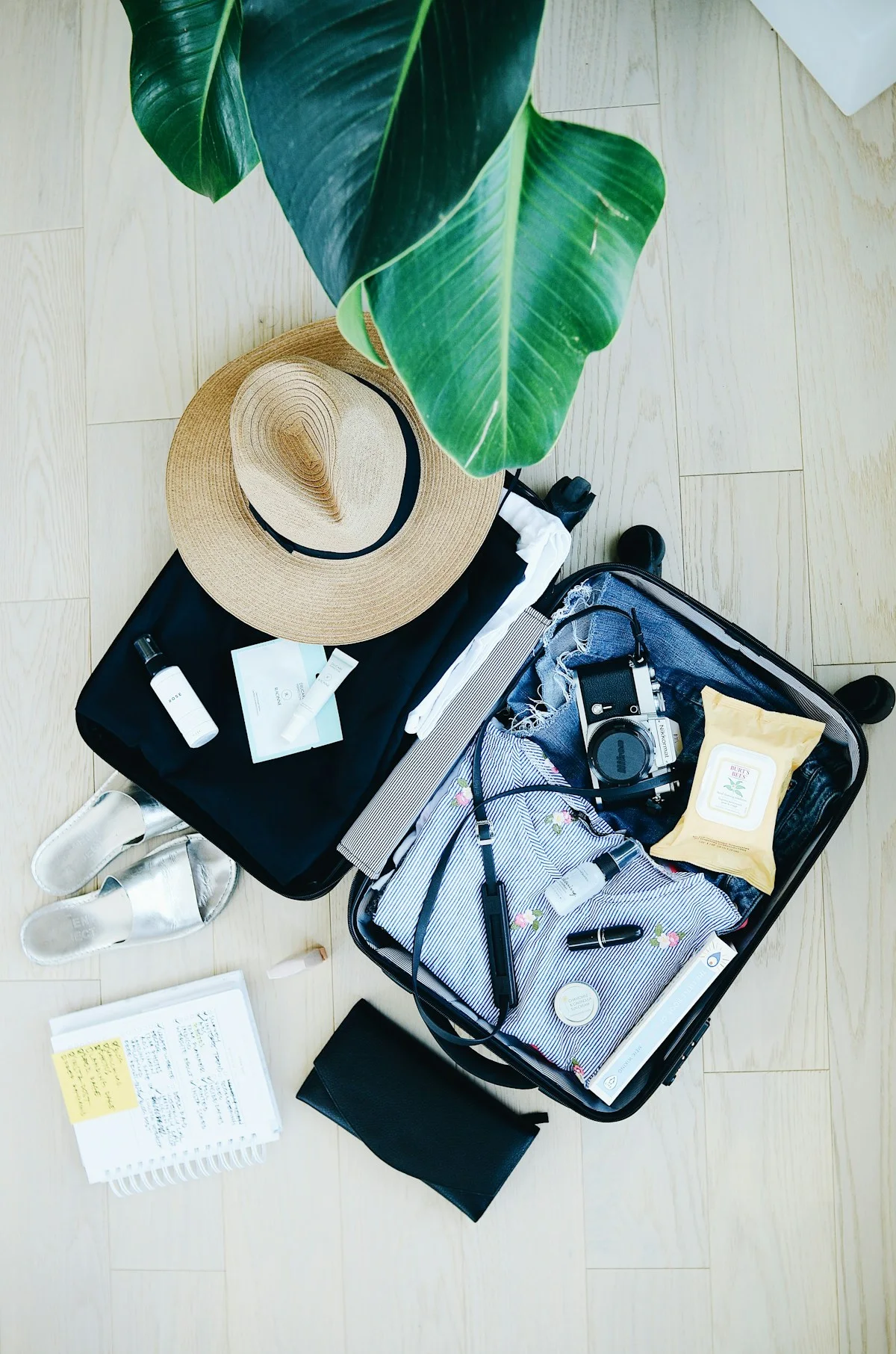 Open suitcase with clothing and travel essentials ready for packing